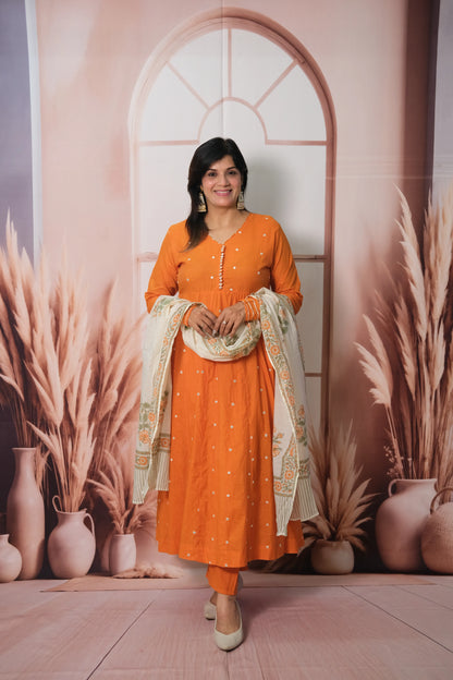 Orange Mul Chanderi A-Line Kurta Dupatta Set with Mirror Work & Printed Dupatta