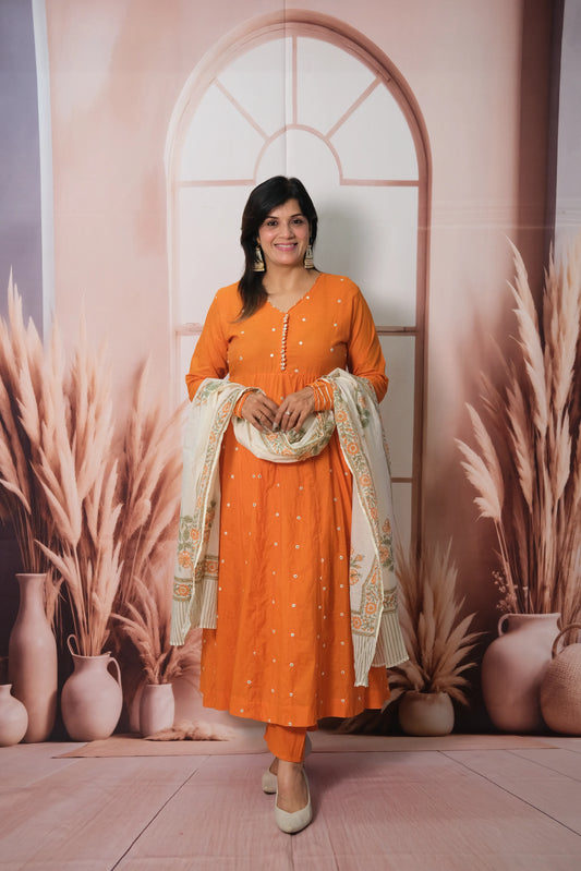 Orange Mul Chanderi A-Line Kurta Dupatta Set with Mirror Work & Printed Dupatta