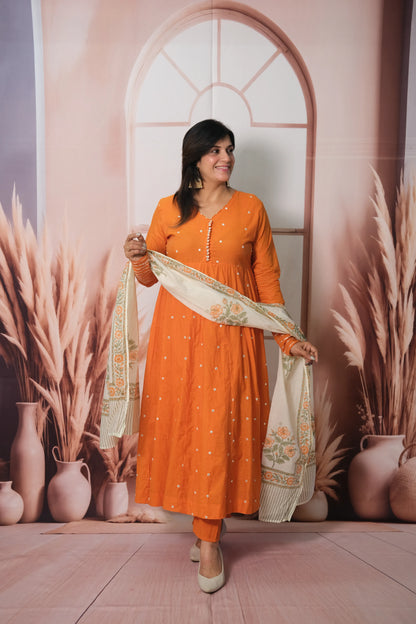 Orange Mul Chanderi A-Line Kurta Dupatta Set with Mirror Work & Printed Dupatta
