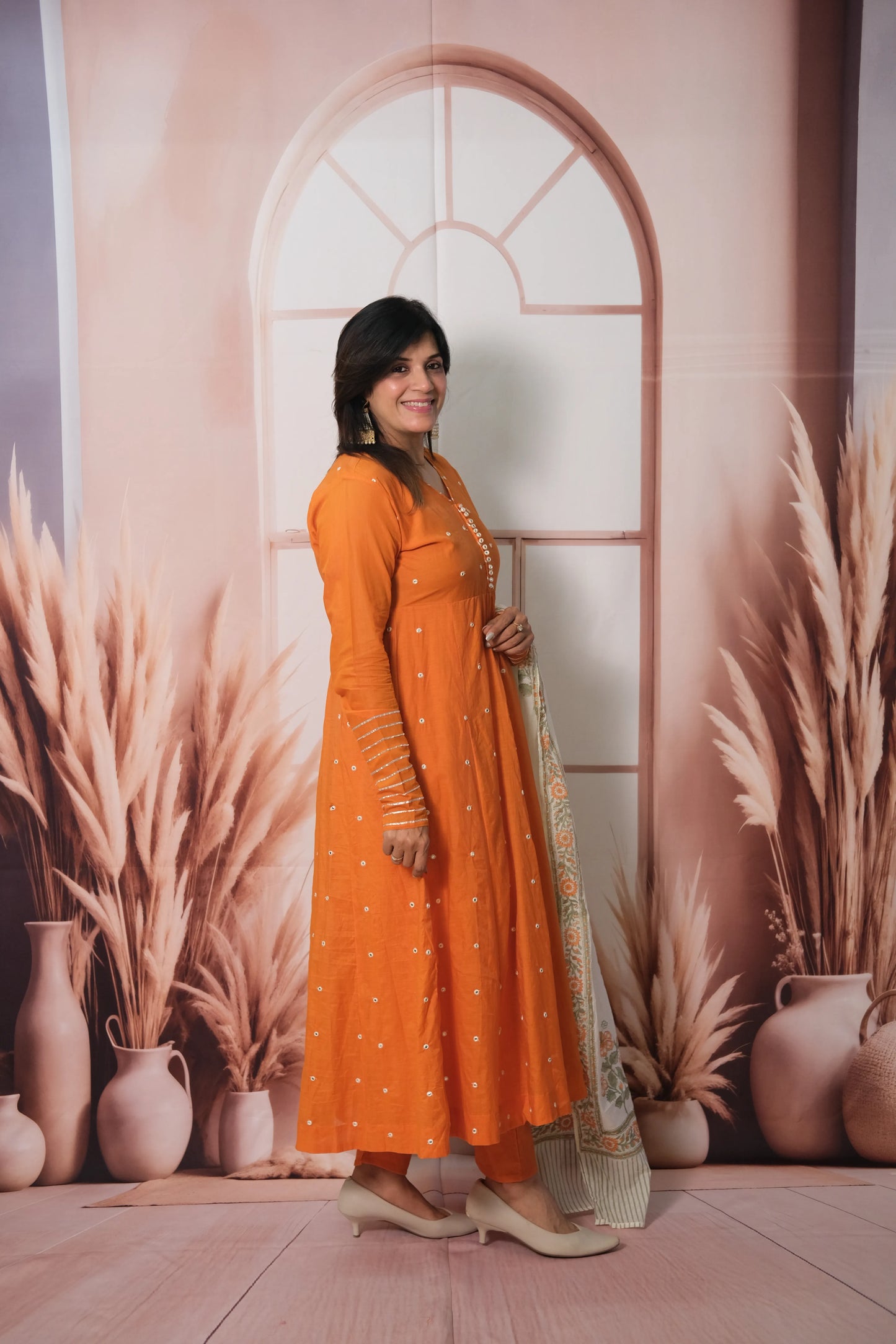 Orange Mul Chanderi A-Line Kurta Dupatta Set with Mirror Work & Printed Dupatta