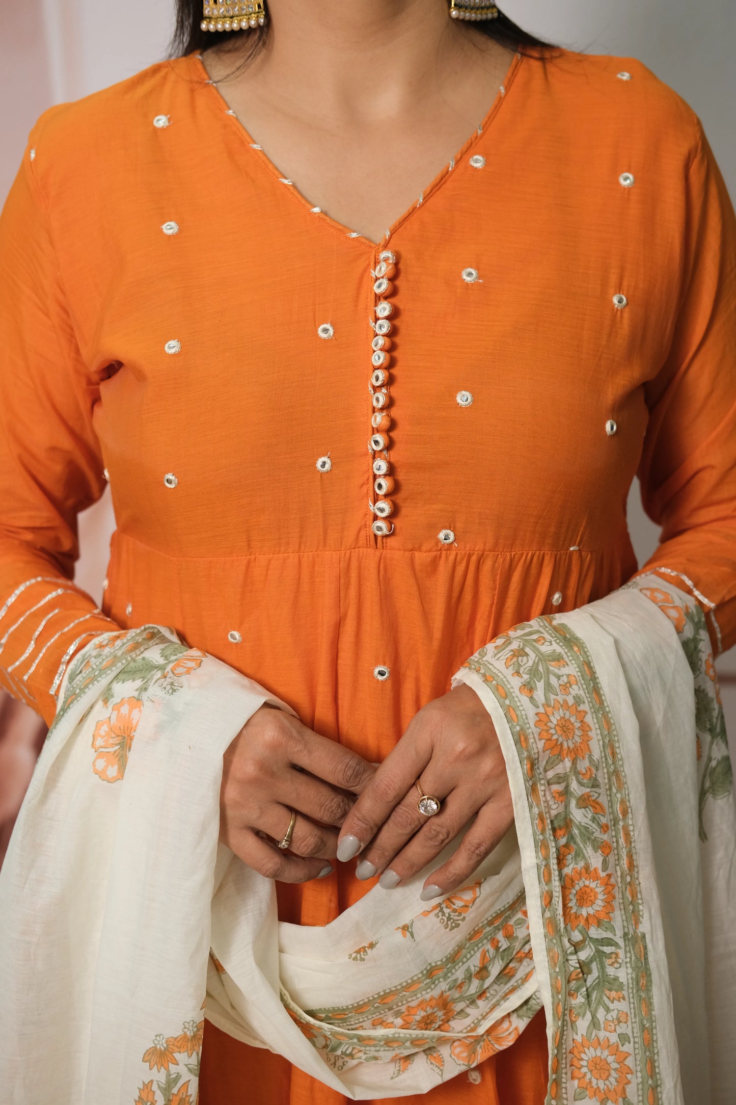 Orange Mul Chanderi A-Line Kurta Dupatta Set with Mirror Work & Printed Dupatta