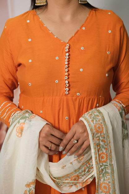 Orange Mul Chanderi A-Line Kurta Dupatta Set with Mirror Work & Printed Dupatta