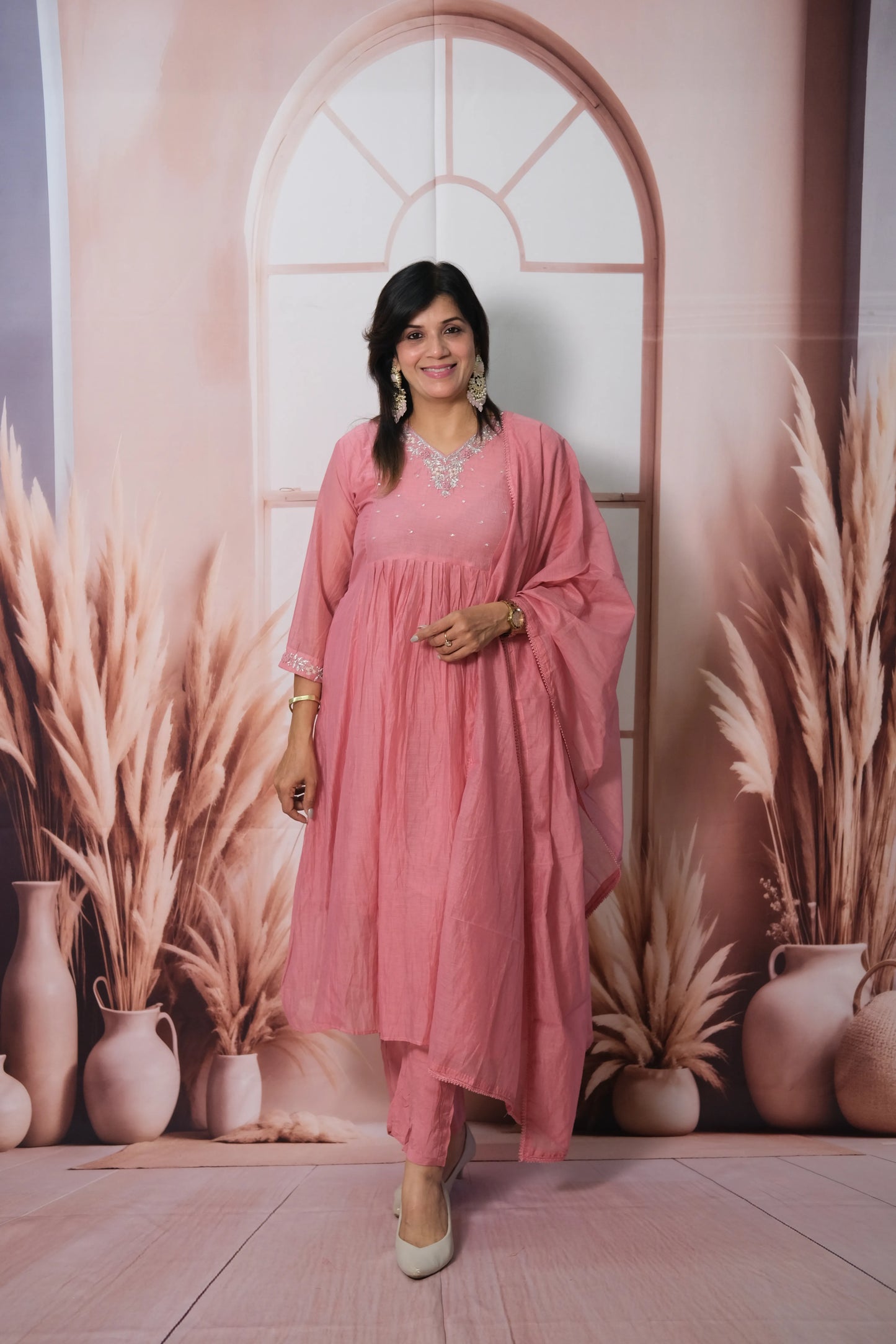 Dusty Pink Mul Chanderi A-Line Kurta Dupatta Set with Pearl & Sequin Embroidery