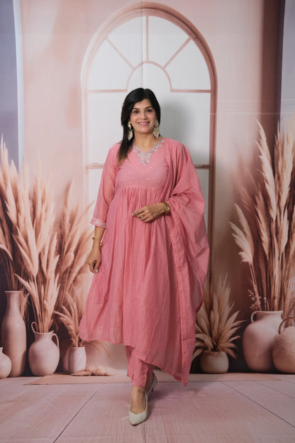 Dusty Pink Mul Chanderi A-Line Kurta Dupatta Set with Pearl & Sequin Embroidery