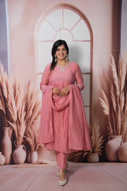 Dusty Pink Mul Chanderi A-Line Kurta Dupatta Set with Pearl & Sequin Embroidery