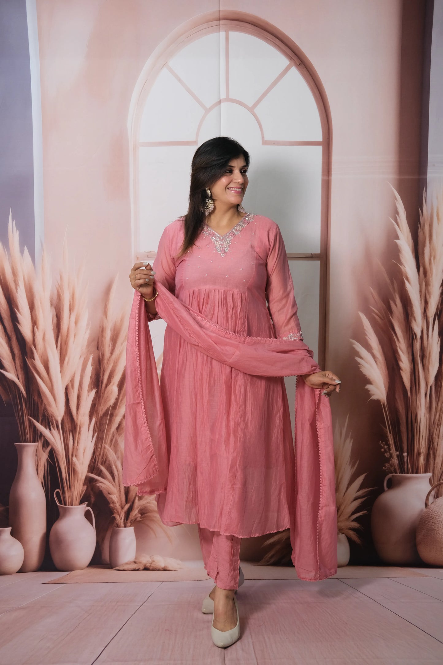Dusty Pink Mul Chanderi A-Line Kurta Dupatta Set with Pearl & Sequin Embroidery