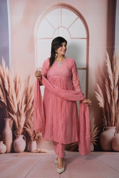 Dusty Pink Mul Chanderi A-Line Kurta Dupatta Set with Pearl & Sequin Embroidery