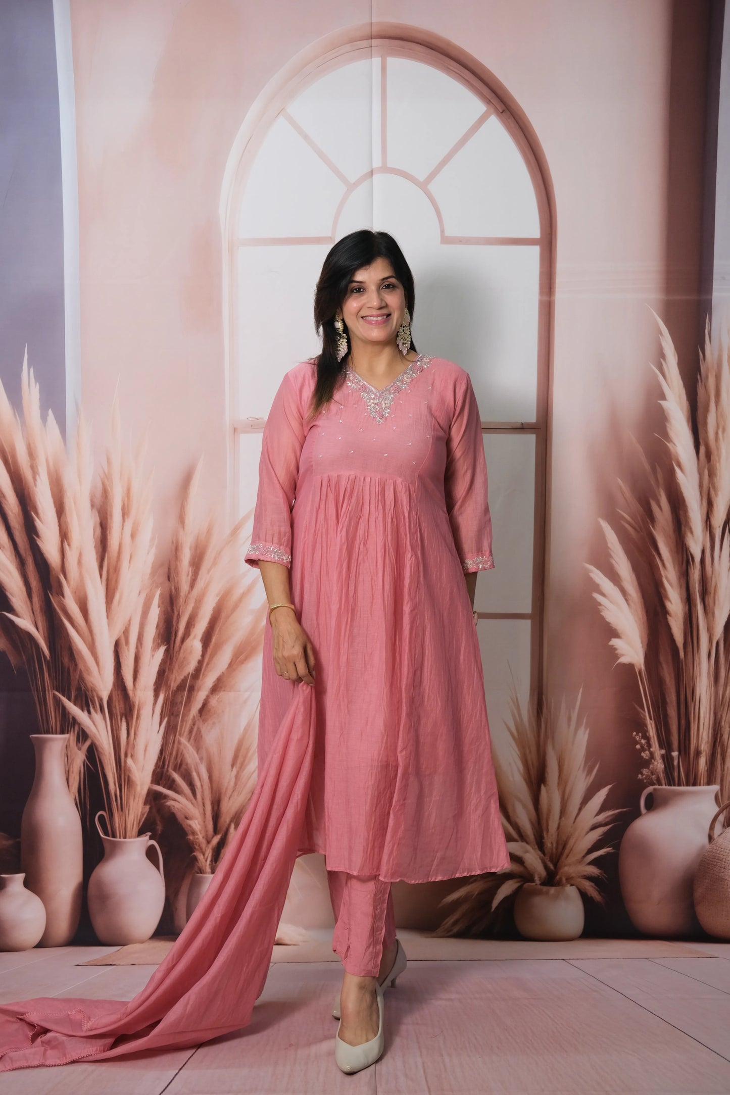 Dusty Pink Mul Chanderi A-Line Kurta Dupatta Set with Pearl & Sequin Embroidery