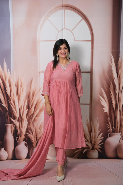 Dusty Pink Mul Chanderi A-Line Kurta Dupatta Set with Pearl & Sequin Embroidery
