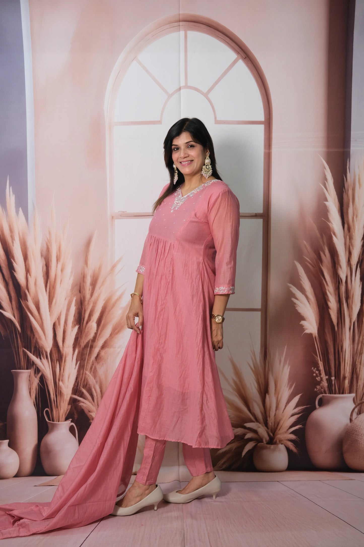 Dusty Pink Mul Chanderi A-Line Kurta Dupatta Set with Pearl & Sequin Embroidery