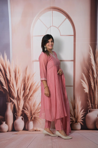 Dusty Pink Mul Chanderi A-Line Kurta Dupatta Set with Pearl & Sequin Embroidery