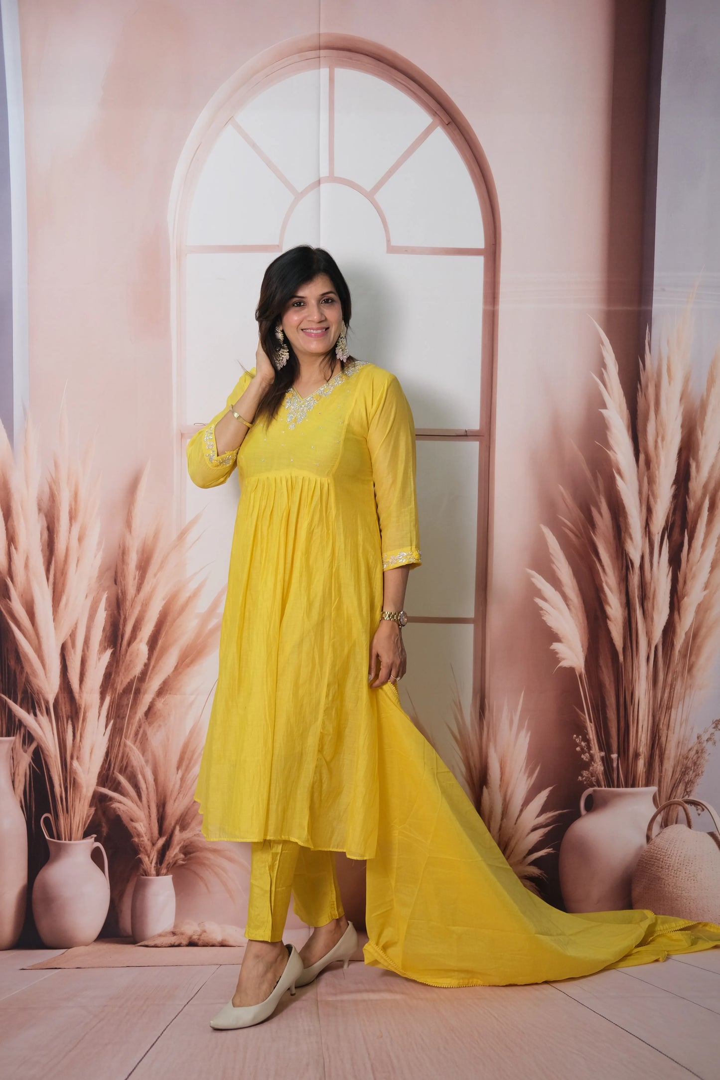 Sunshine Yellow Mul Chanderi A-Line Kurta Dupatta Set with Pearl & Sequin Embroidery