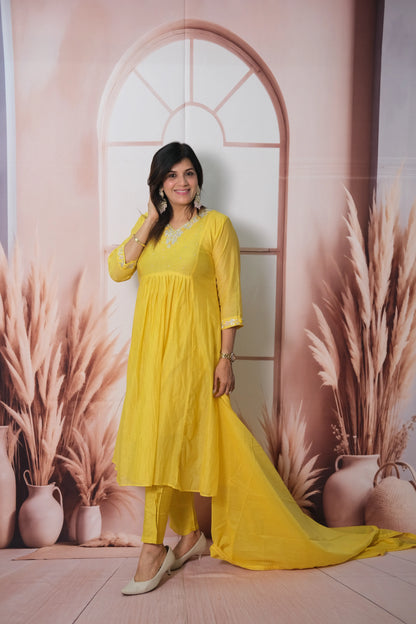 Sunshine Yellow Mul Chanderi A-Line Kurta Dupatta Set with Pearl & Sequin Embroidery