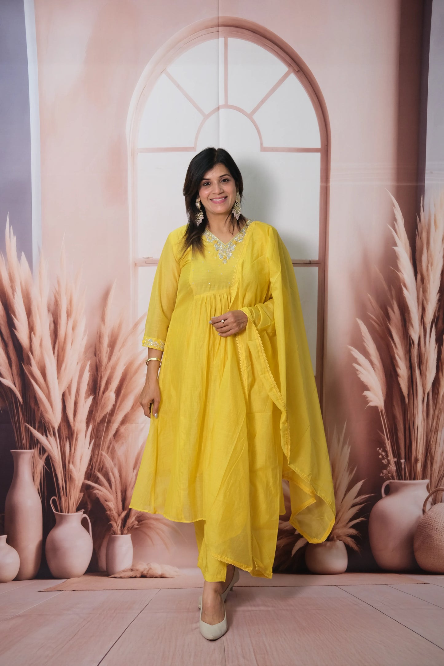 Sunshine Yellow Mul Chanderi A-Line Kurta Dupatta Set with Pearl & Sequin Embroidery