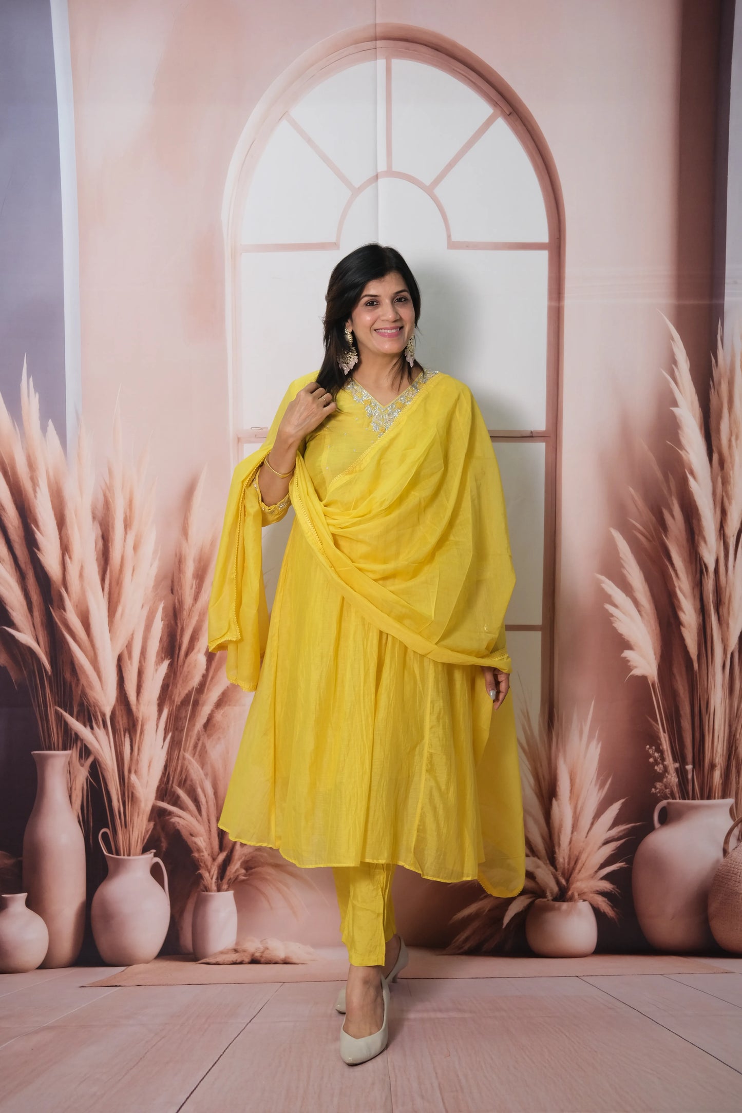 Sunshine Yellow Mul Chanderi A-Line Kurta Dupatta Set with Pearl & Sequin Embroidery