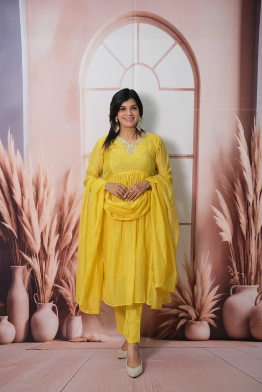 Sunshine Yellow Mul Chanderi A-Line Kurta Dupatta Set with Pearl & Sequin Embroidery