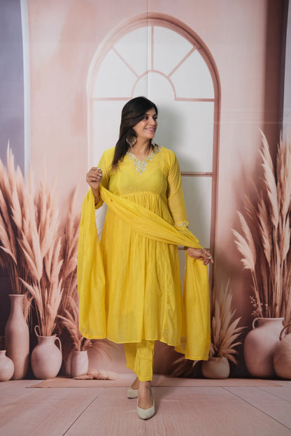 Sunshine Yellow Mul Chanderi A-Line Kurta Dupatta Set with Pearl & Sequin Embroidery