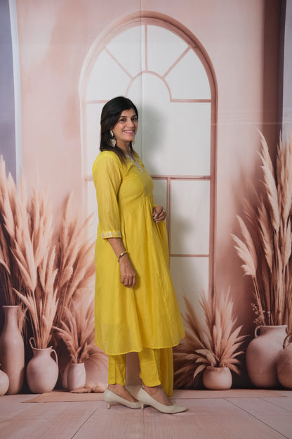 Sunshine Yellow Mul Chanderi A-Line Kurta Dupatta Set with Pearl & Sequin Embroidery