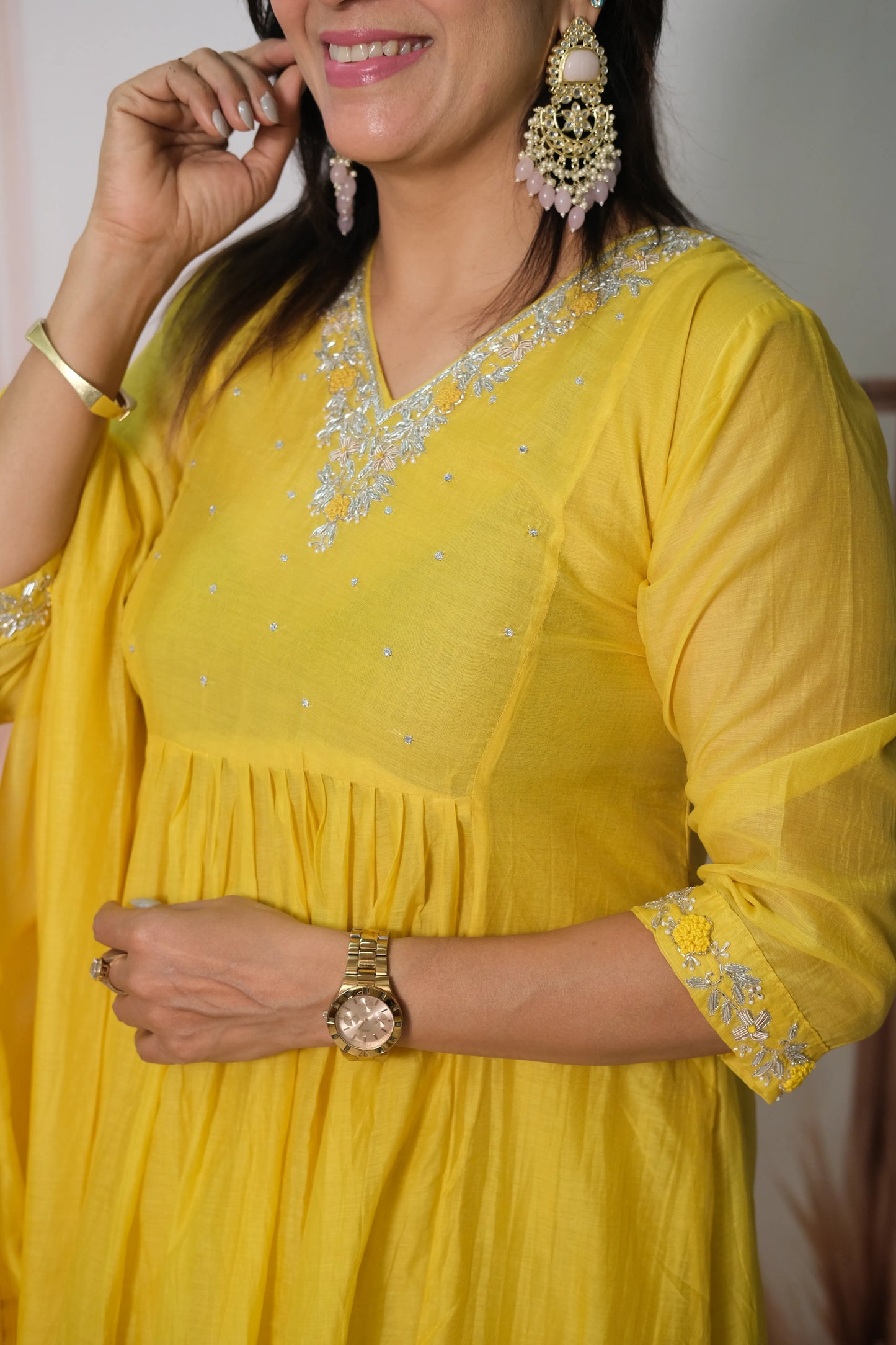 Sunshine Yellow Mul Chanderi A-Line Kurta Dupatta Set with Pearl & Sequin Embroidery