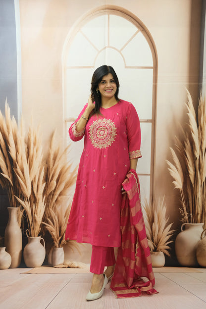 Ruby Pink Mul Chanderi Kurta Dupatta Set with Pearl & Sequin Embroidery