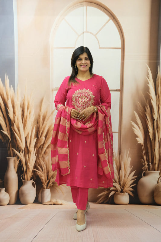 Ruby Pink Mul Chanderi Kurta Dupatta Set with Pearl & Sequin Embroidery
