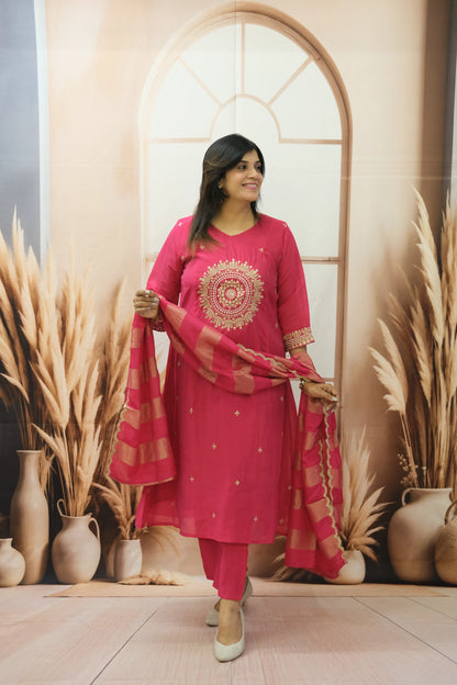 Ruby Pink Mul Chanderi Kurta Dupatta Set with Pearl & Sequin Embroidery