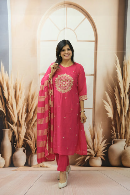 Ruby Pink Mul Chanderi Kurta Dupatta Set with Pearl & Sequin Embroidery