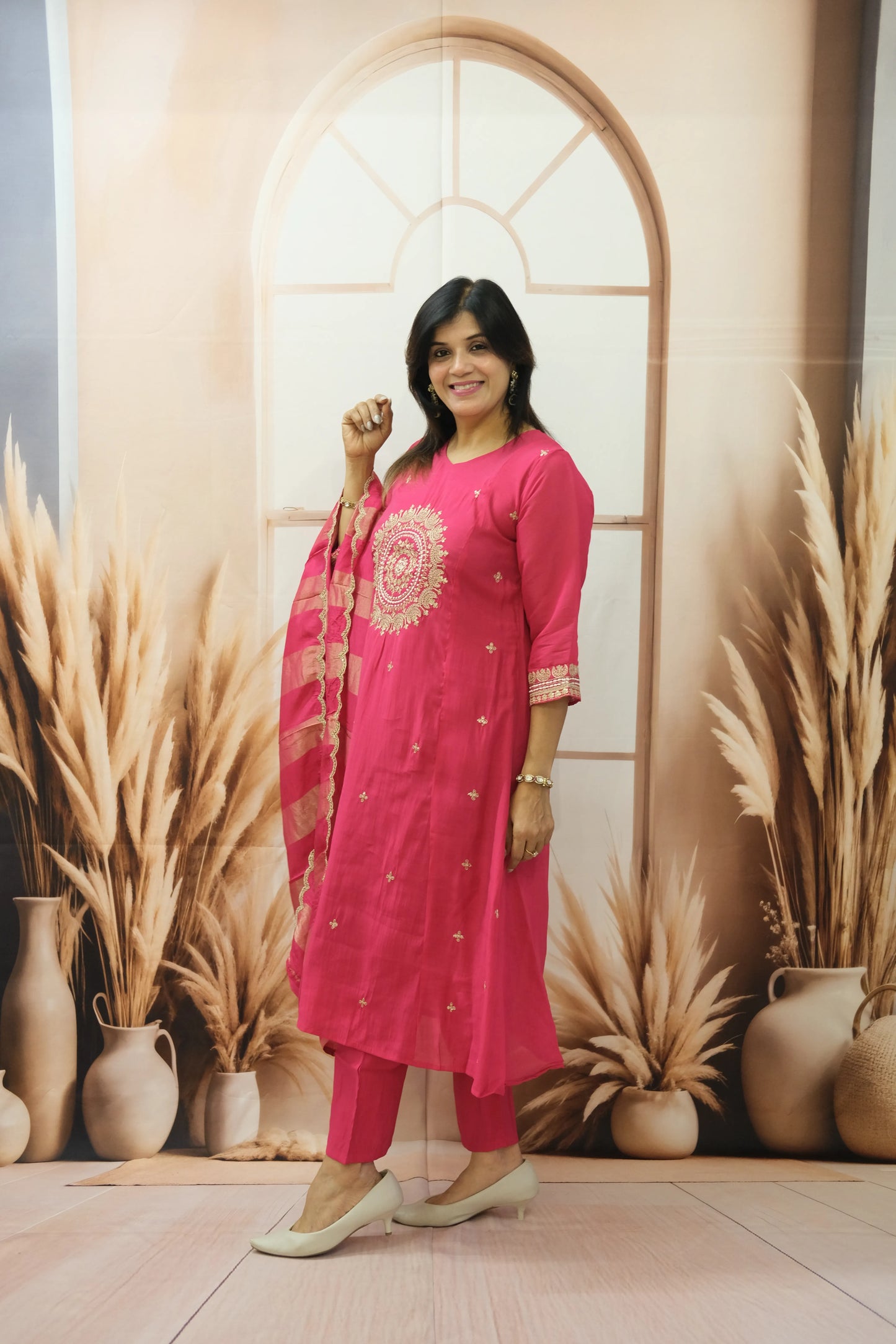 Ruby Pink Mul Chanderi Kurta Dupatta Set with Pearl & Sequin Embroidery