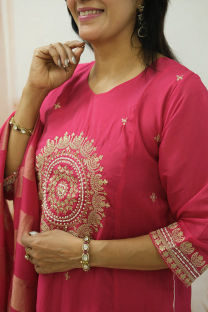 Ruby Pink Mul Chanderi Kurta Dupatta Set with Pearl & Sequin Embroidery