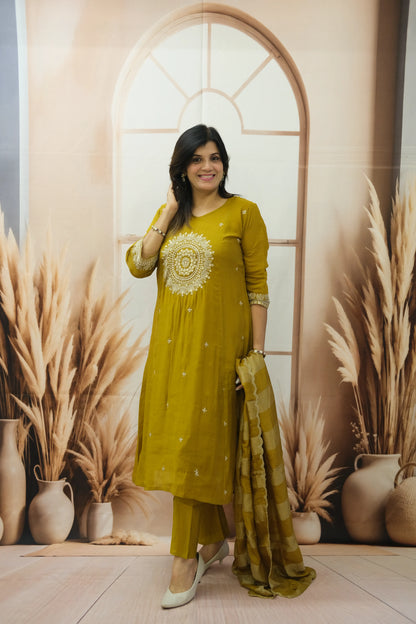 Golden Brown Mul Chanderi Kurta Dupatta Set with Pearl & Sequin Embroidery