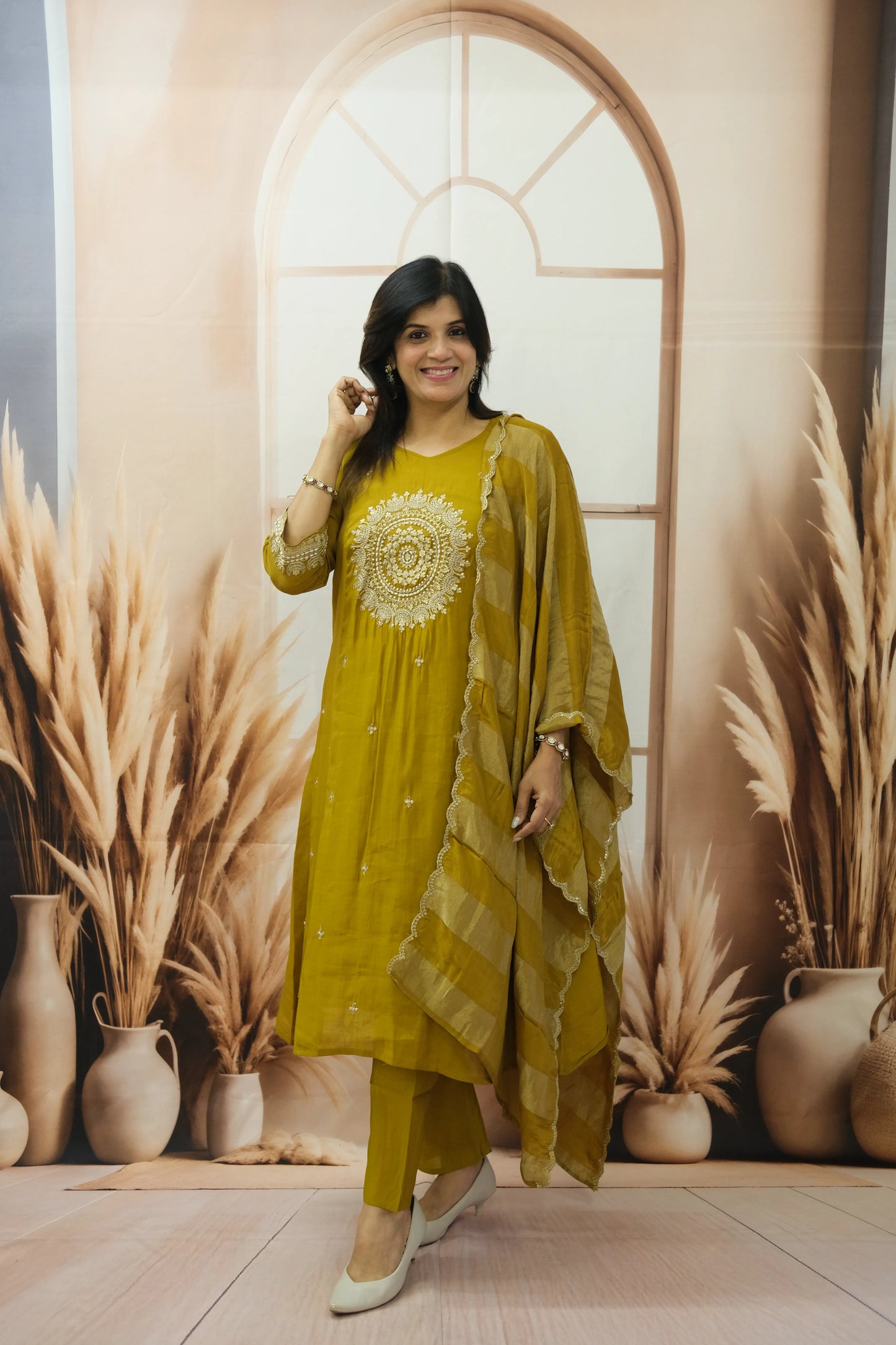 Golden Brown Mul Chanderi Kurta Dupatta Set with Pearl & Sequin Embroidery