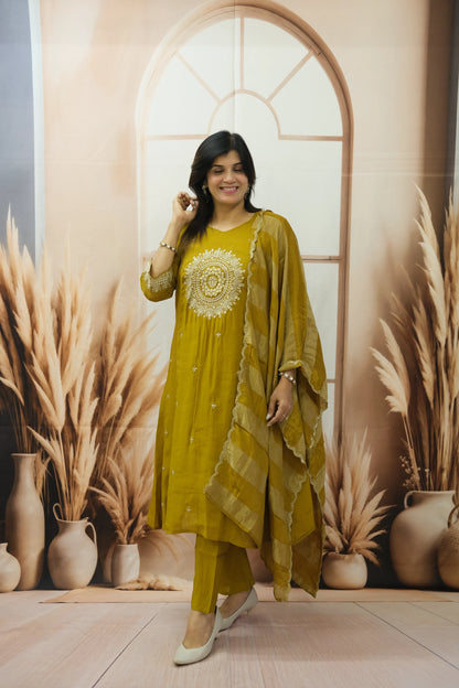 Golden Brown Mul Chanderi Kurta Dupatta Set with Pearl & Sequin Embroidery