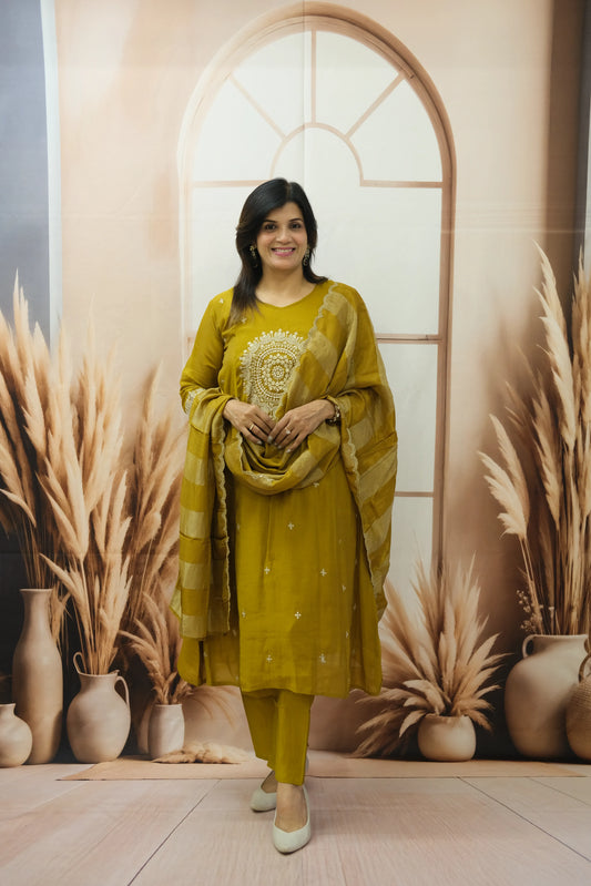 Golden Brown Mul Chanderi Kurta Dupatta Set with Pearl & Sequin Embroidery
