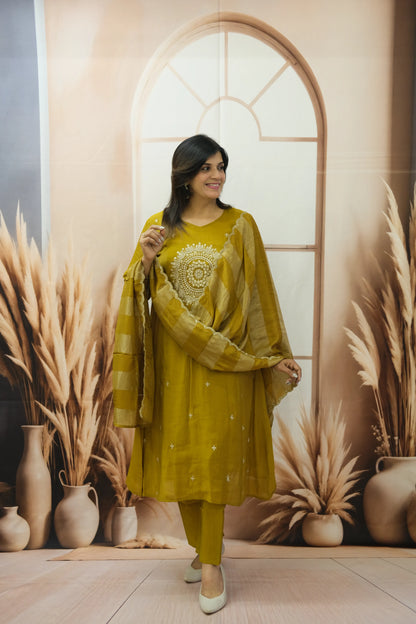 Golden Brown Mul Chanderi Kurta Dupatta Set with Pearl & Sequin Embroidery