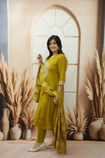 Golden Brown Mul Chanderi Kurta Dupatta Set with Pearl & Sequin Embroidery