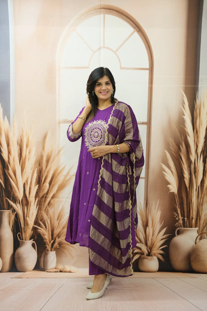 Royal Purple Mul Chanderi Kurta Dupatta Set with Pearl & Sequin Embroidery