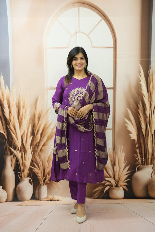 Royal Purple Mul Chanderi Kurta Dupatta Set with Pearl & Sequin Embroidery