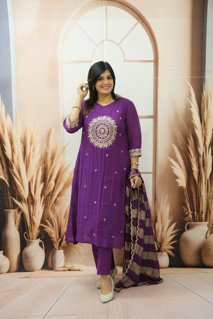 Royal Purple Mul Chanderi Kurta Dupatta Set with Pearl & Sequin Embroidery