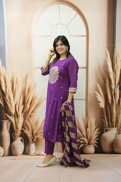 Royal Purple Mul Chanderi Kurta Dupatta Set with Pearl & Sequin Embroidery