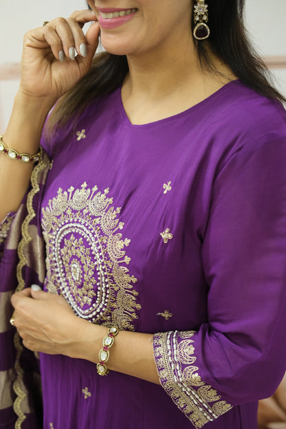 Royal Purple Mul Chanderi Kurta Dupatta Set with Pearl & Sequin Embroidery