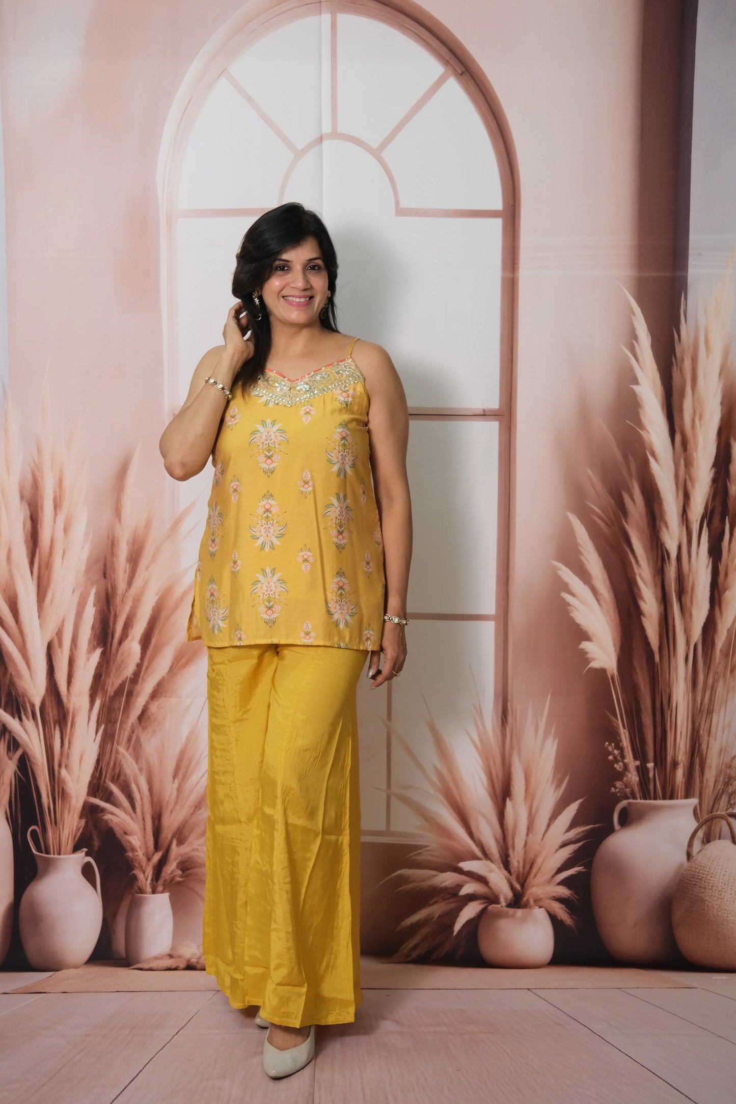 Mustard Mul Chanderi Spaghetti Top Plazo with Shrug