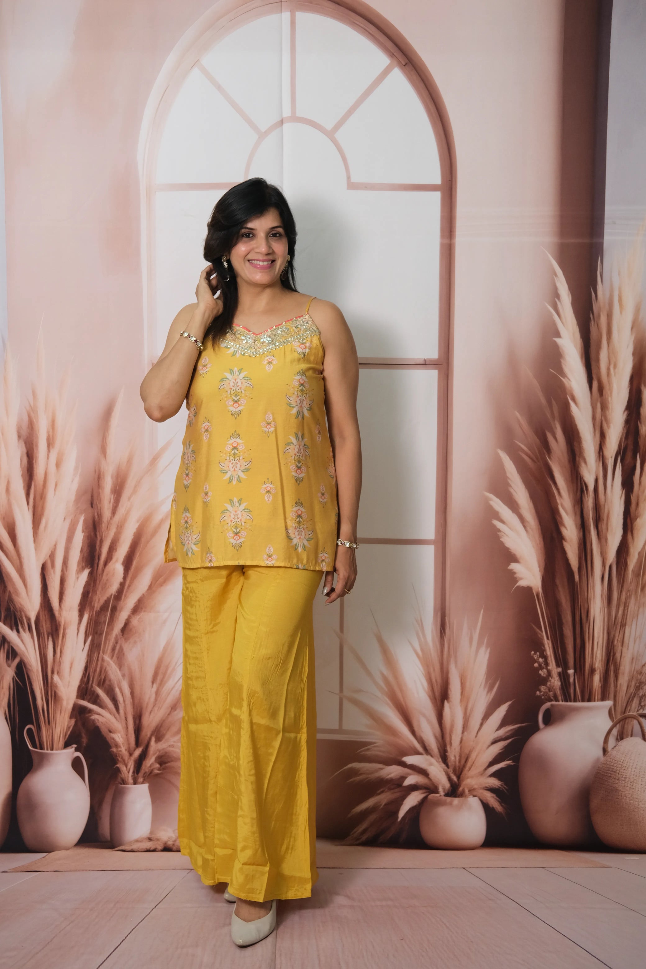 Mustard Mul Chanderi Spaghetti Top Plazo with Shrug