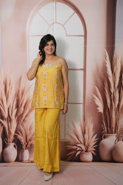 Mustard Mul Chanderi Spaghetti Top Plazo with Shrug