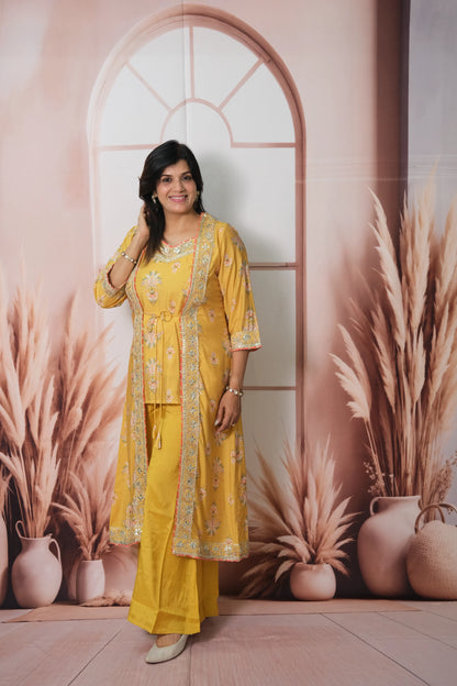Mustard Mul Chanderi Spaghetti Top Plazo with Shrug