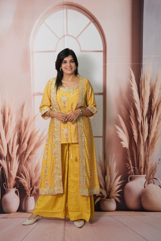 Mustard Mul Chanderi Spaghetti Top Plazo with Shrug
