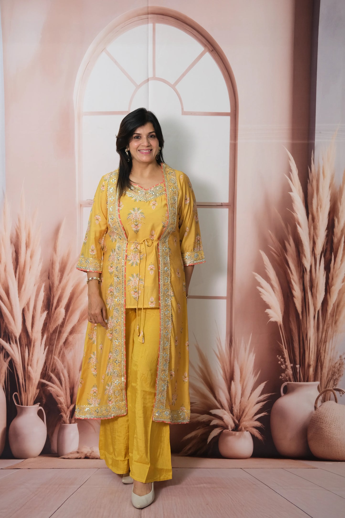 Mustard Mul Chanderi Spaghetti Top Plazo with Shrug