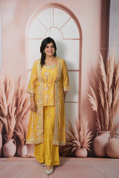Mustard Mul Chanderi Spaghetti Top Plazo with Shrug