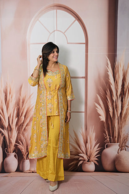 Mustard Mul Chanderi Spaghetti Top Plazo with Shrug