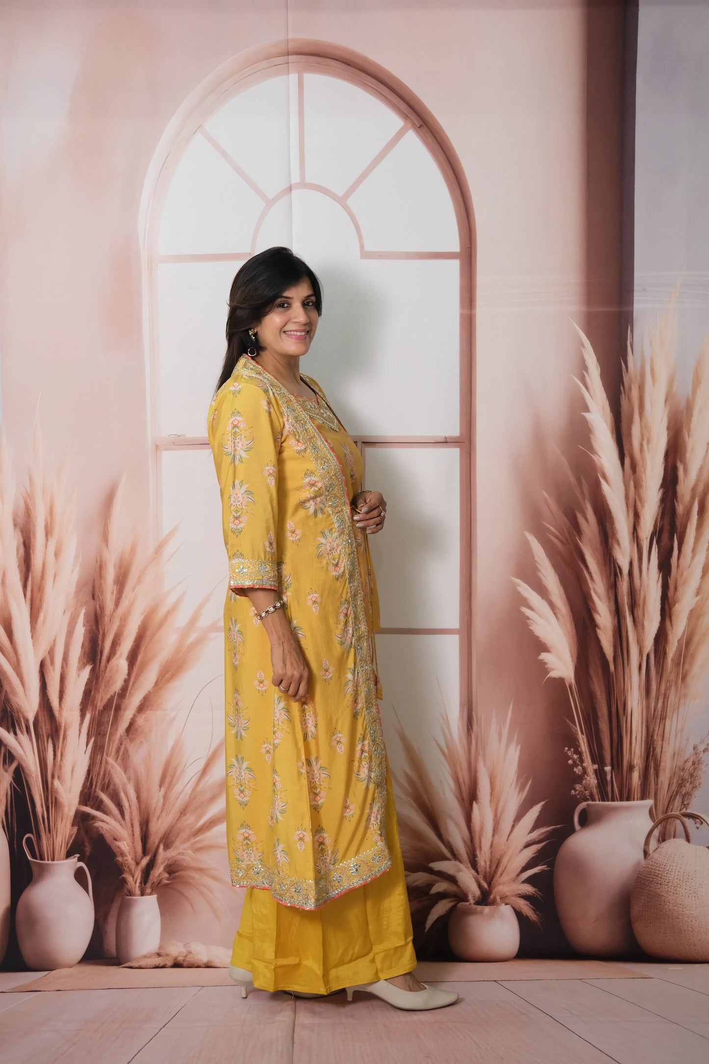 Mustard Mul Chanderi Spaghetti Top Plazo with Shrug