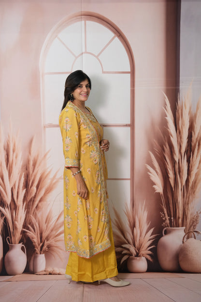 Mustard Mul Chanderi Spaghetti Top Plazo with Shrug